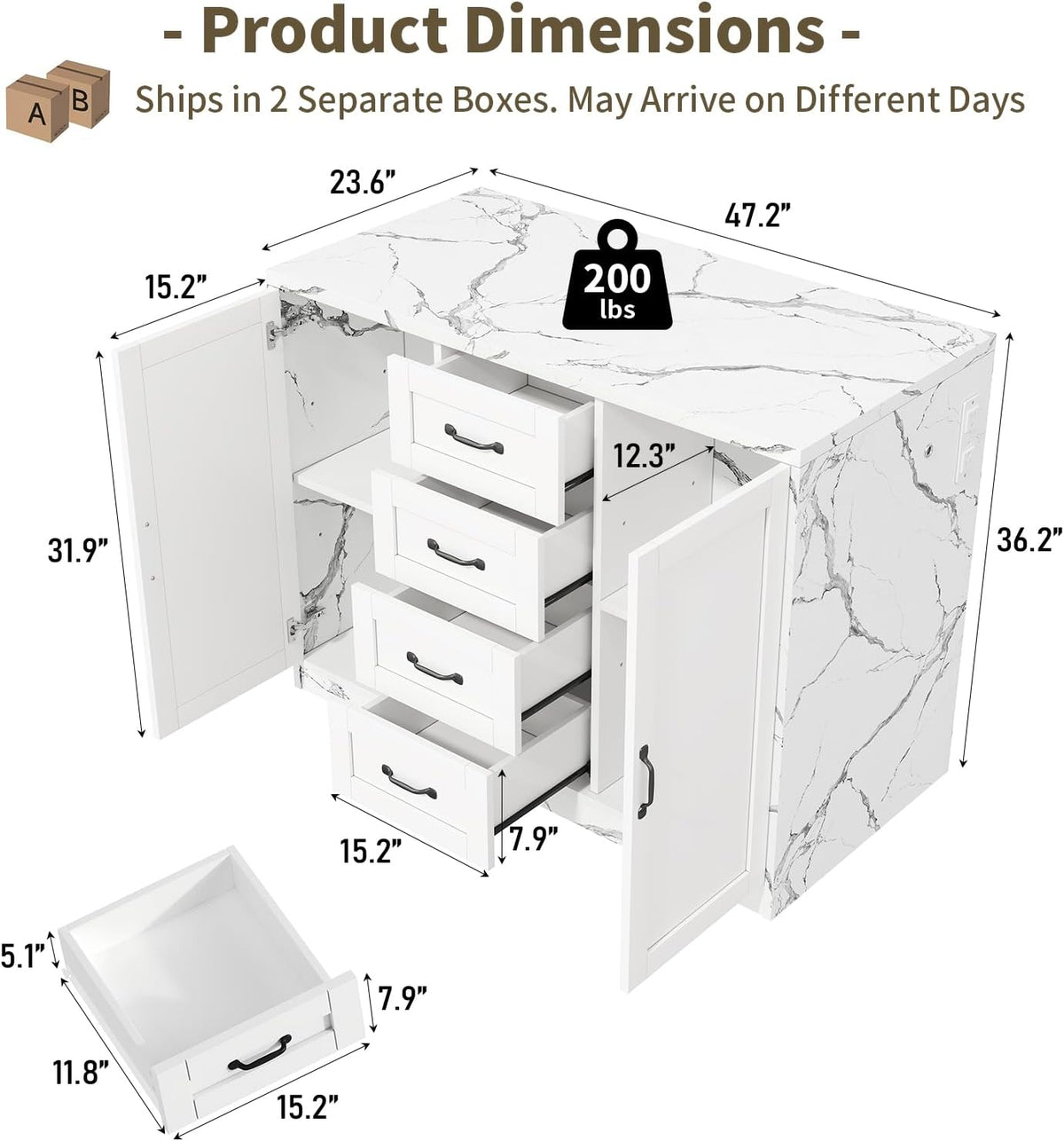 47.2" White LED Charging Faux‑Marble Kitchen Island