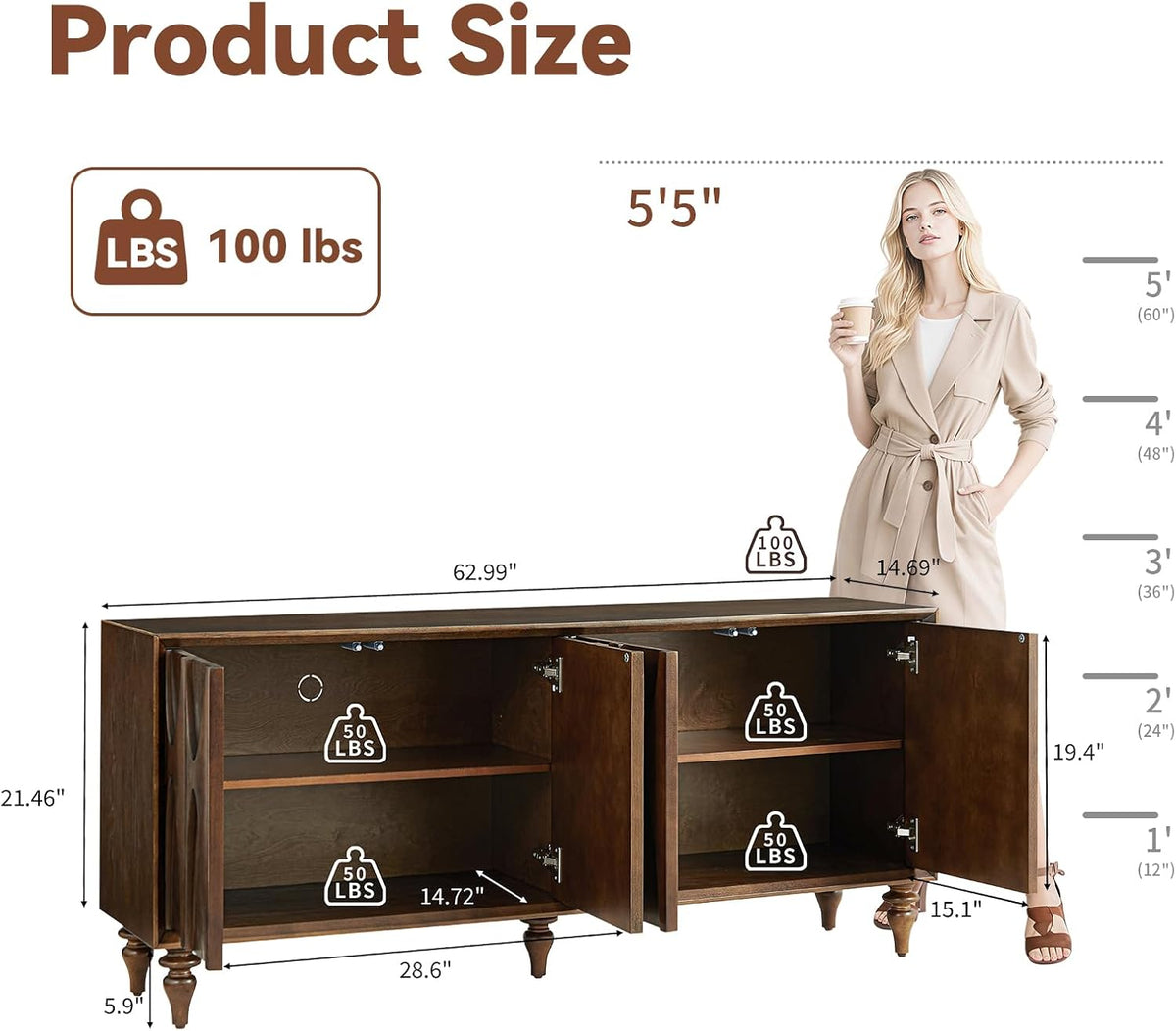 62.99" Walnut Solid‑Wood Leg Sideboard Cabinet