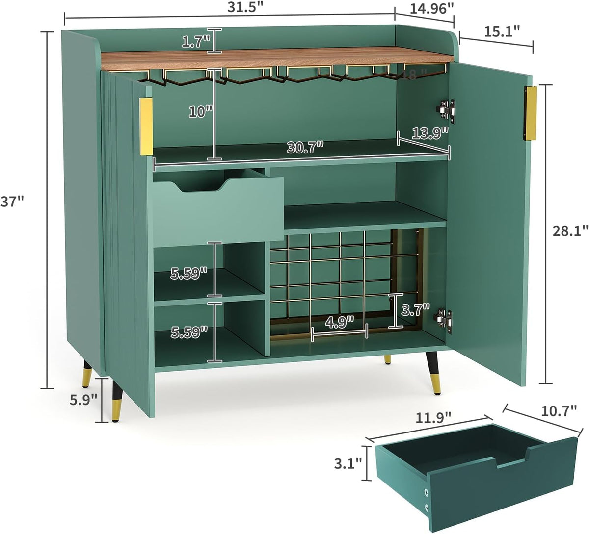 32‑Inch Green Fluted Wine Bar Cabinet