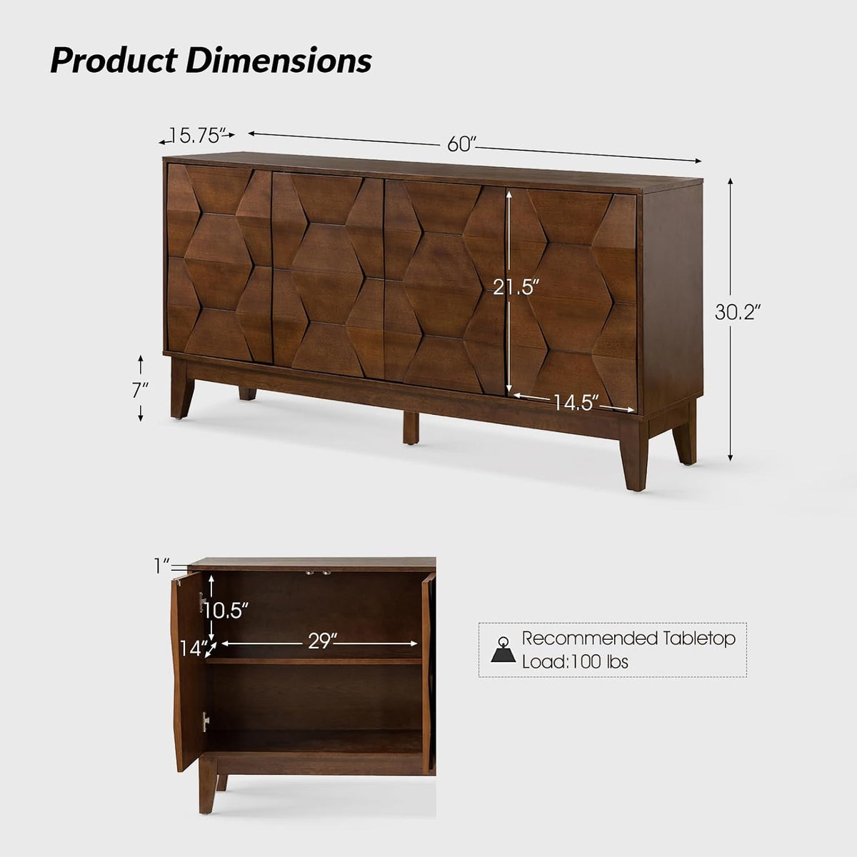 60" Walnut Mid‑Century Sideboard Cabinet
