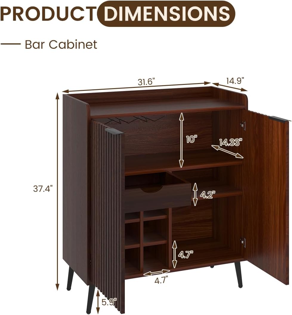 Walnut Fluted Wine Bar Cabinet with Storage