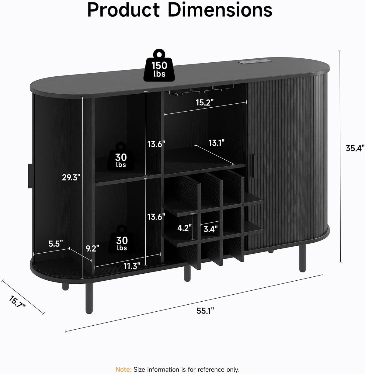 55‑Inch Black LED Fluted Wine Bar Cabinet