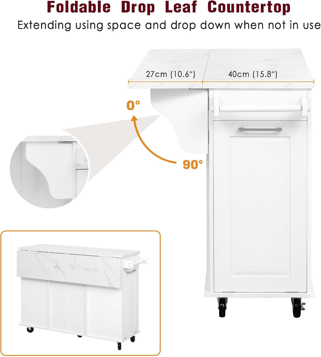 50.7" White Rolling Faux‑Marble Kitchen Island Cart