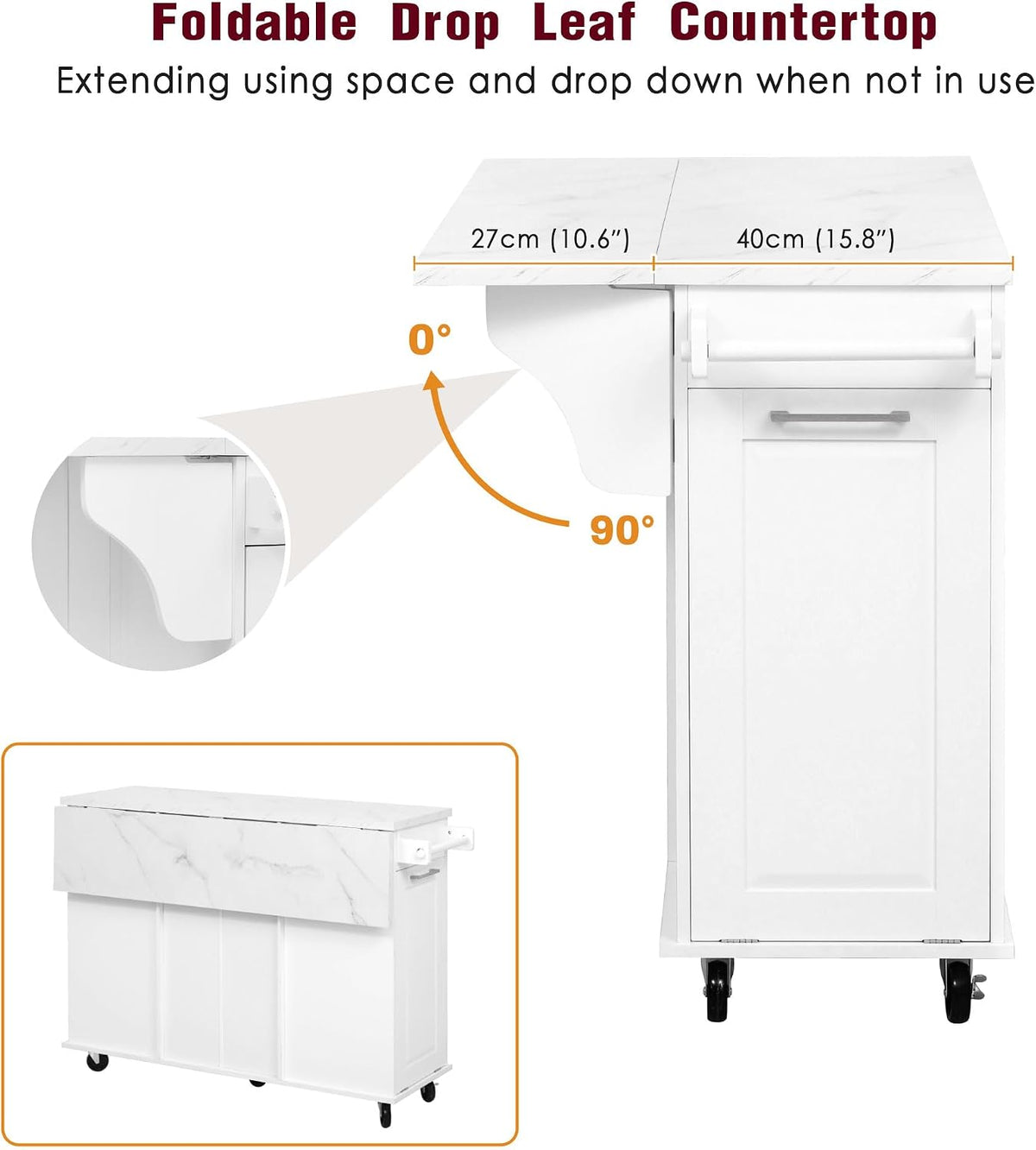 50.7" White Rolling Faux‑Marble Kitchen Island Cart