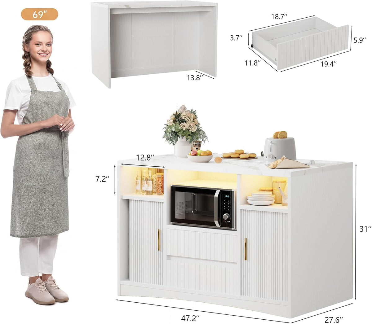 47" Rolling Kitchen Island With Power Outlet & LED Lights