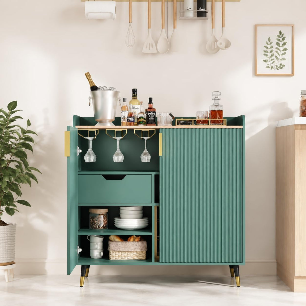 32‑Inch Green Fluted Wine Bar Cabinet