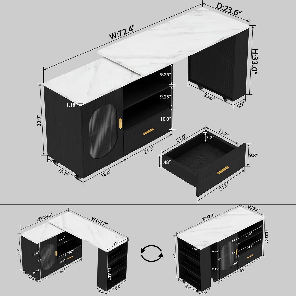 72" Mobile Storage Kitchen Island Table