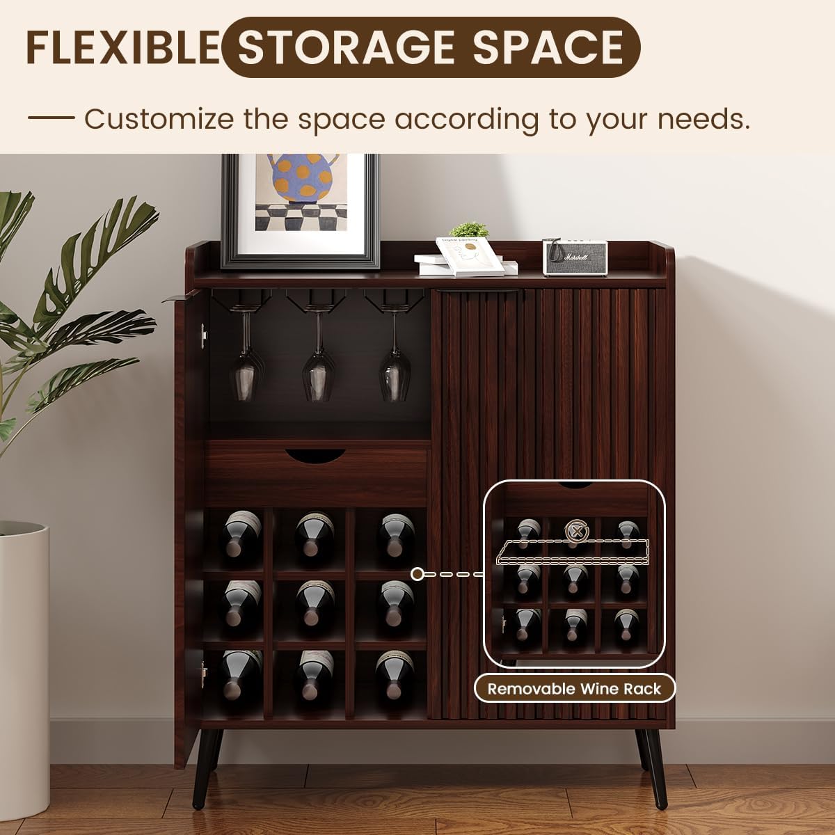 Walnut Fluted Wine Bar Cabinet with Storage