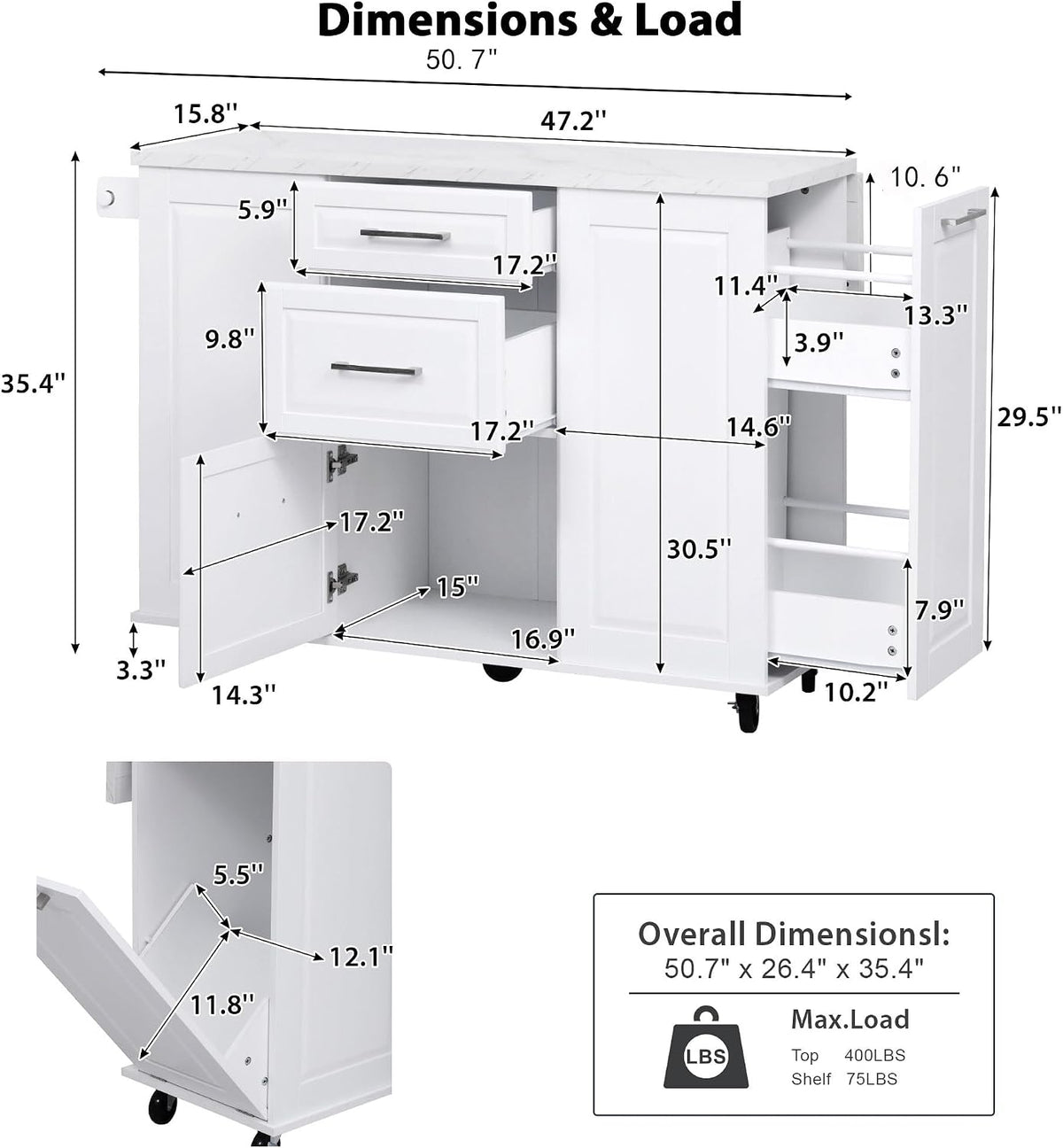 50.7" White Rolling Faux‑Marble Kitchen Island Cart