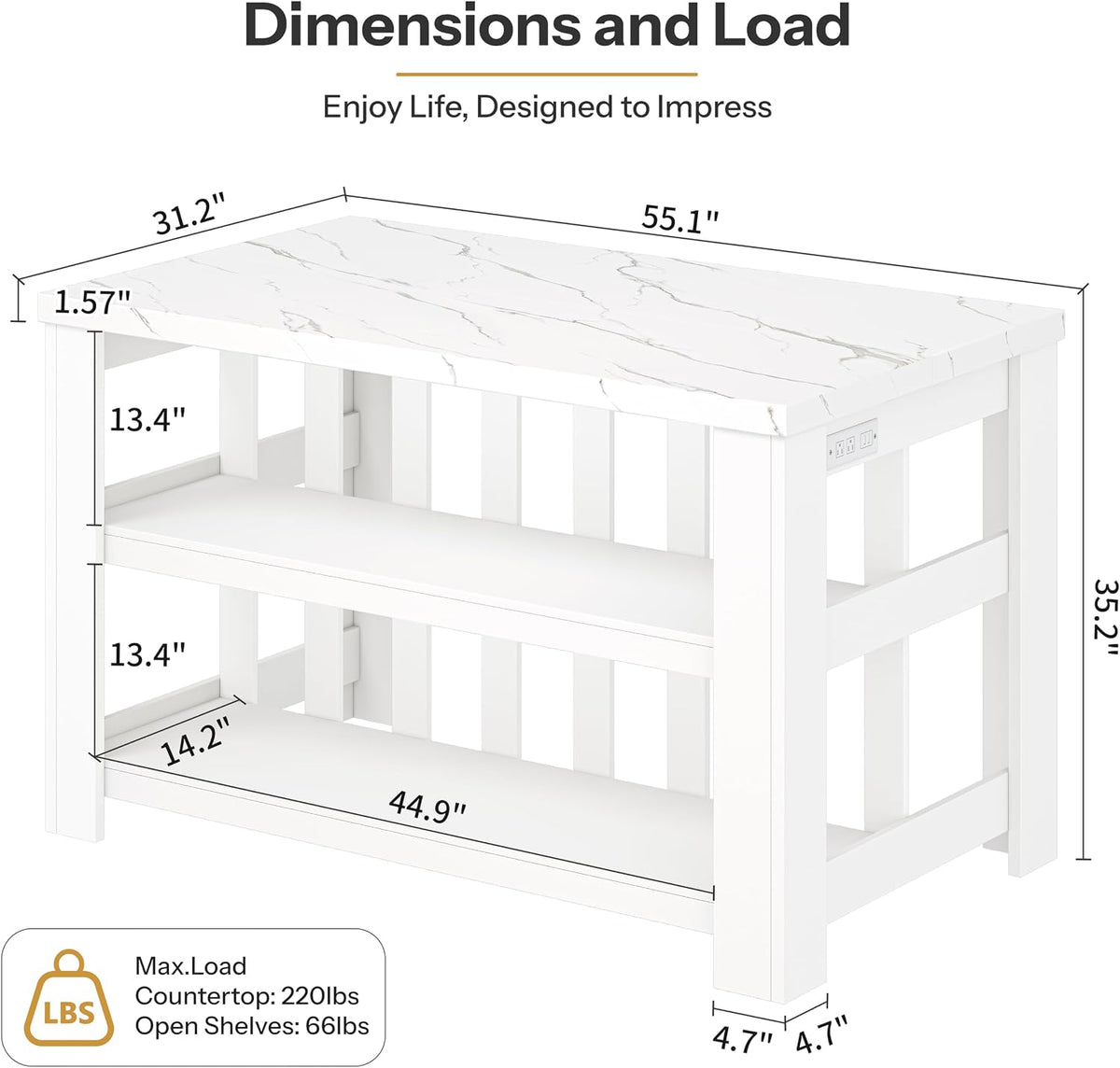 55" Large Faux‑Marble Kitchen Island