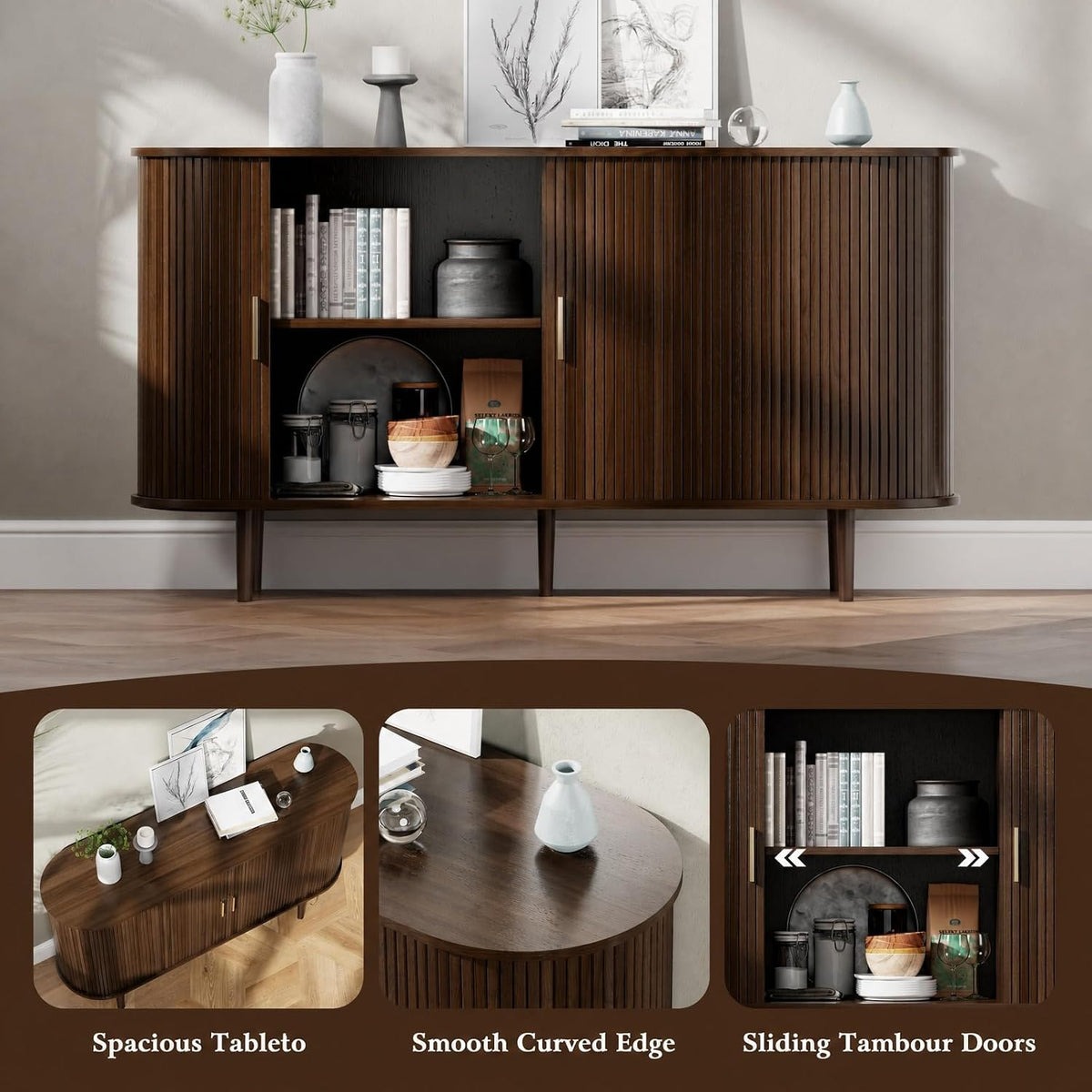 55" Walnut Fluted Tambour‑Door Sideboard Cabinet
