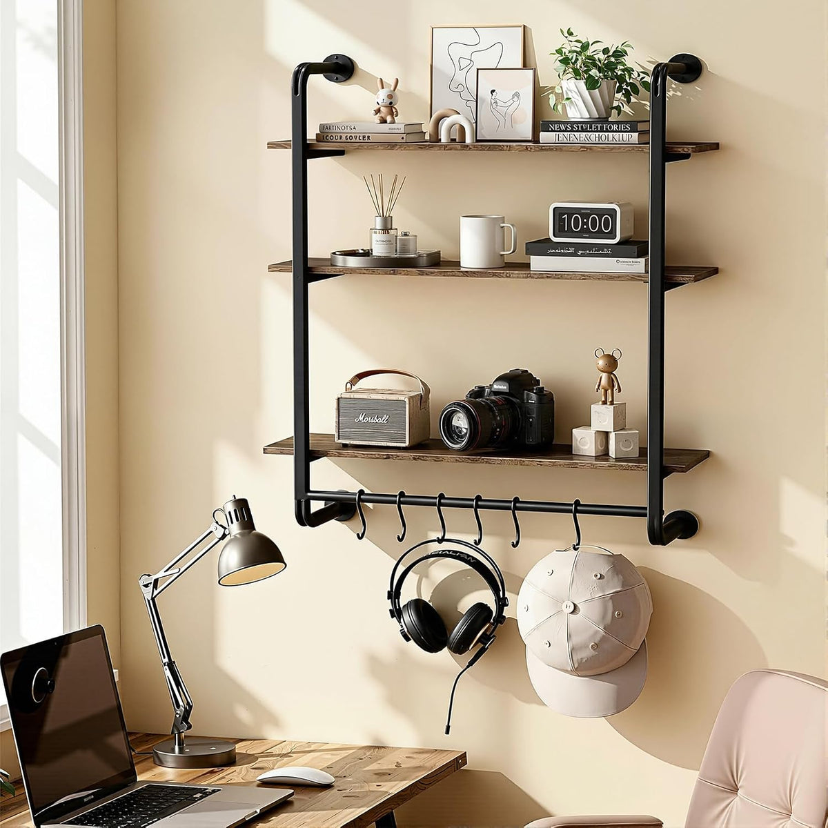 24" 3‑Tier Industrial Pipe Floating Wall Shelf