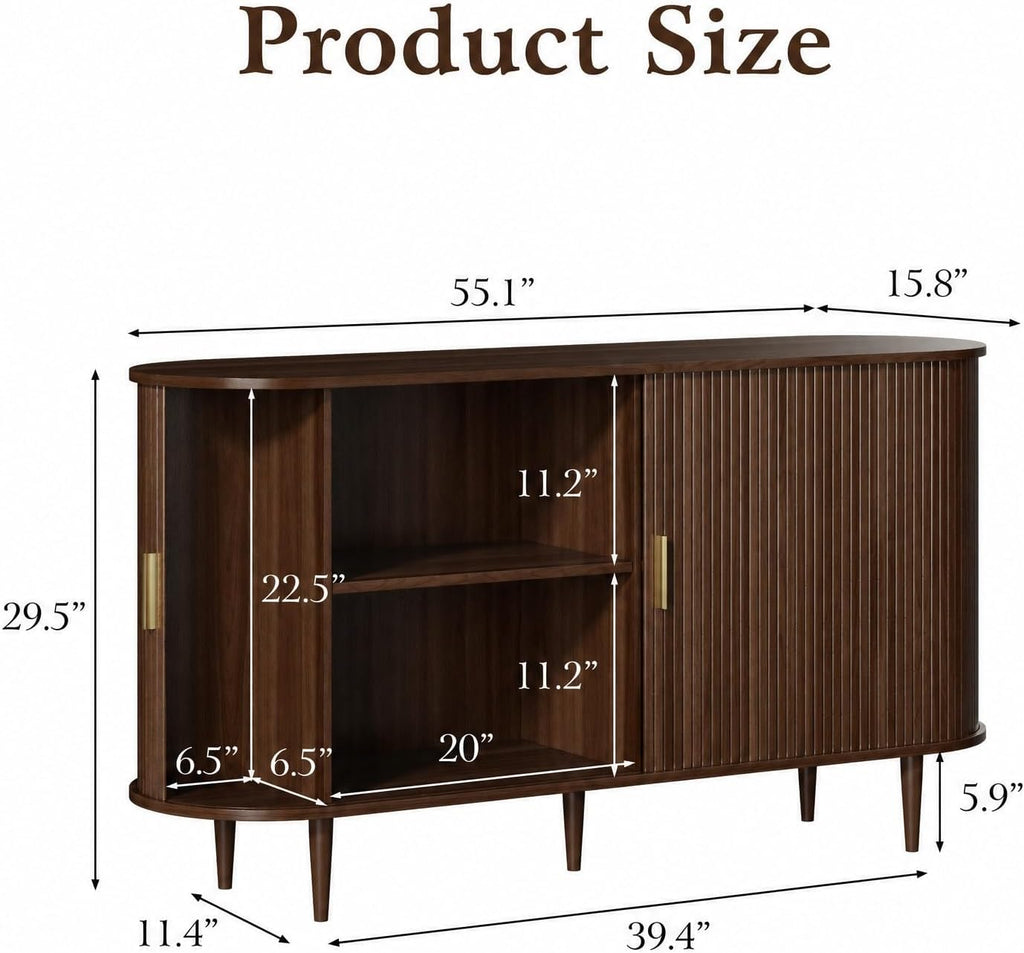 55" Walnut Fluted Tambour‑Door Sideboard Cabinet