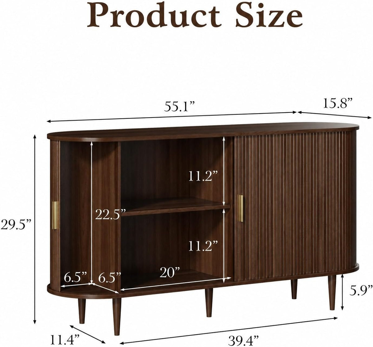 55" Walnut Fluted Tambour‑Door Sideboard Cabinet