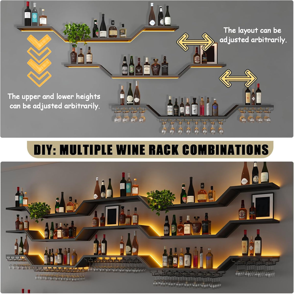 47.2" 3‑Tier Modern LED Wall‑Mounted Wine Rack