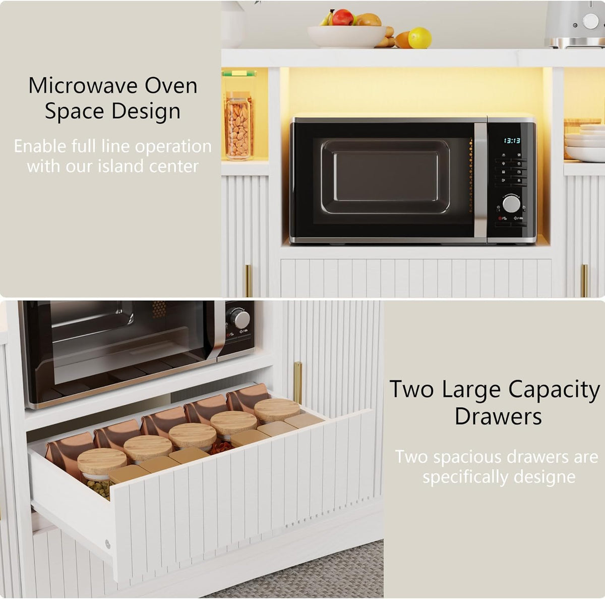 47" Rolling Kitchen Island With Power Outlet & LED Lights