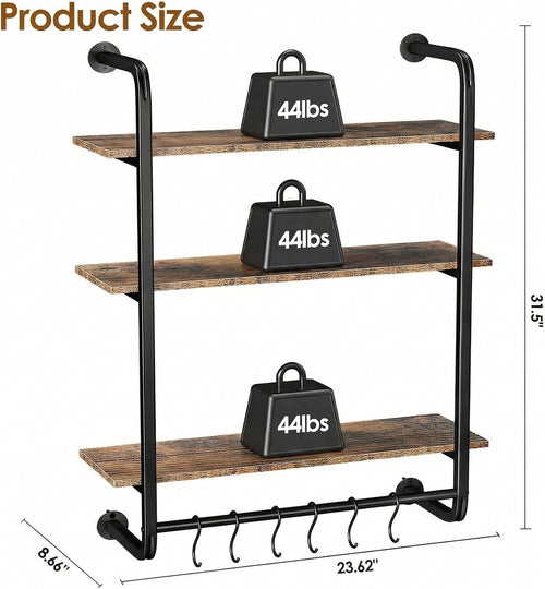 24" 3‑Tier Industrial Pipe Floating Wall Shelf