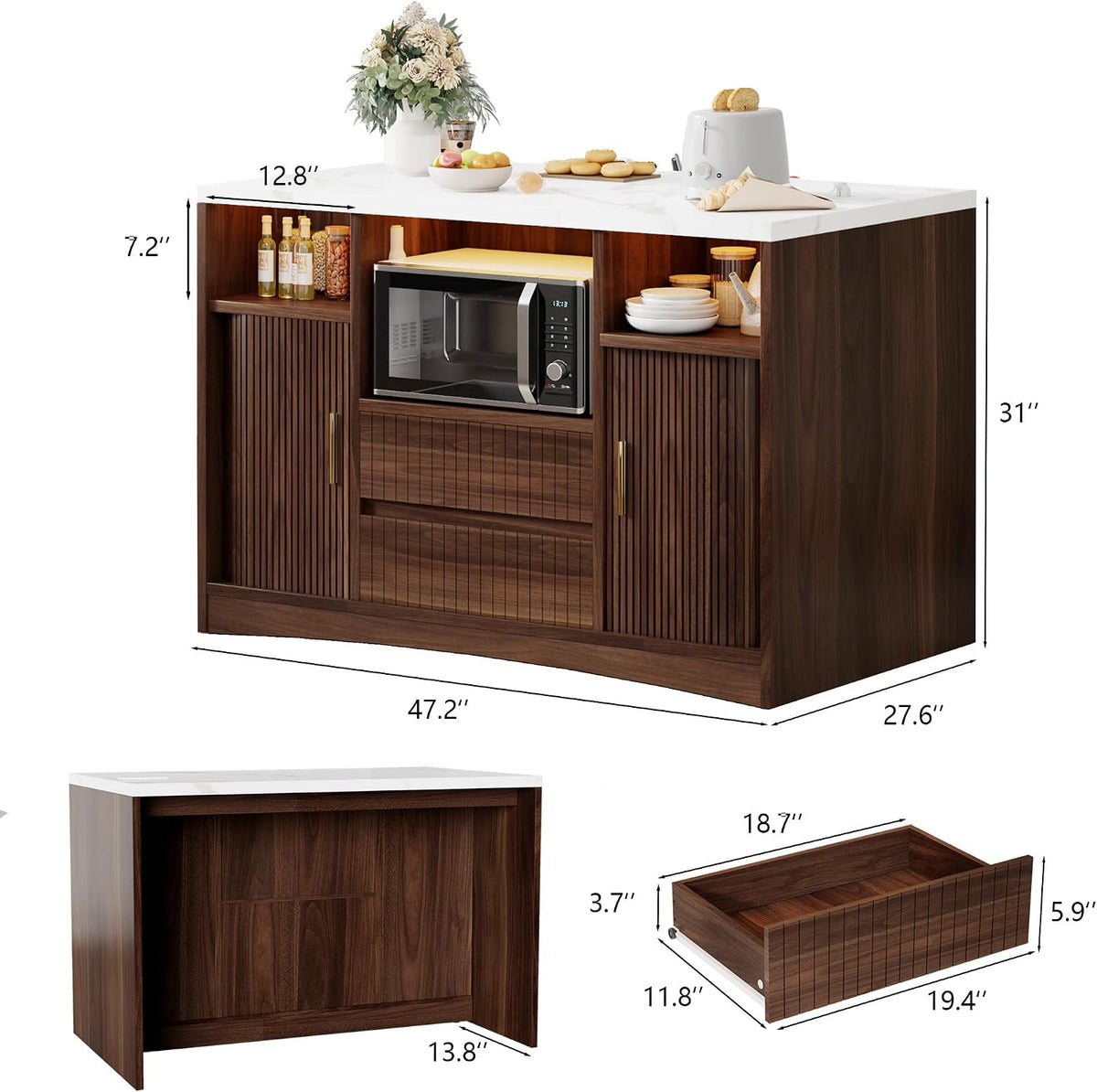 47" Rolling Kitchen Island With Power Outlet & LED Lights