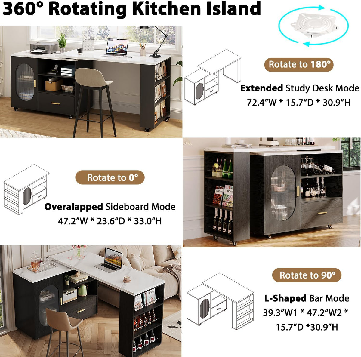 72" Mobile Storage Kitchen Island Table