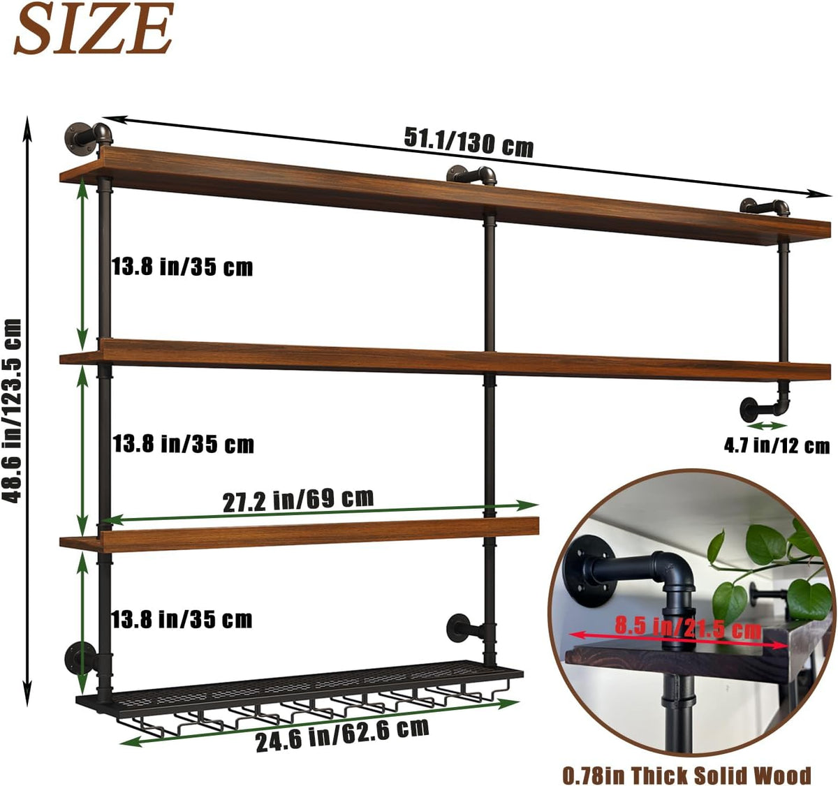 Solid‑Wood LED Wall‑Mounted Wine Rack 51.2"