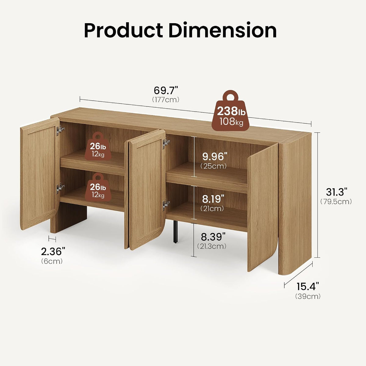 70" Walnut Modern Sideboard Cabinet