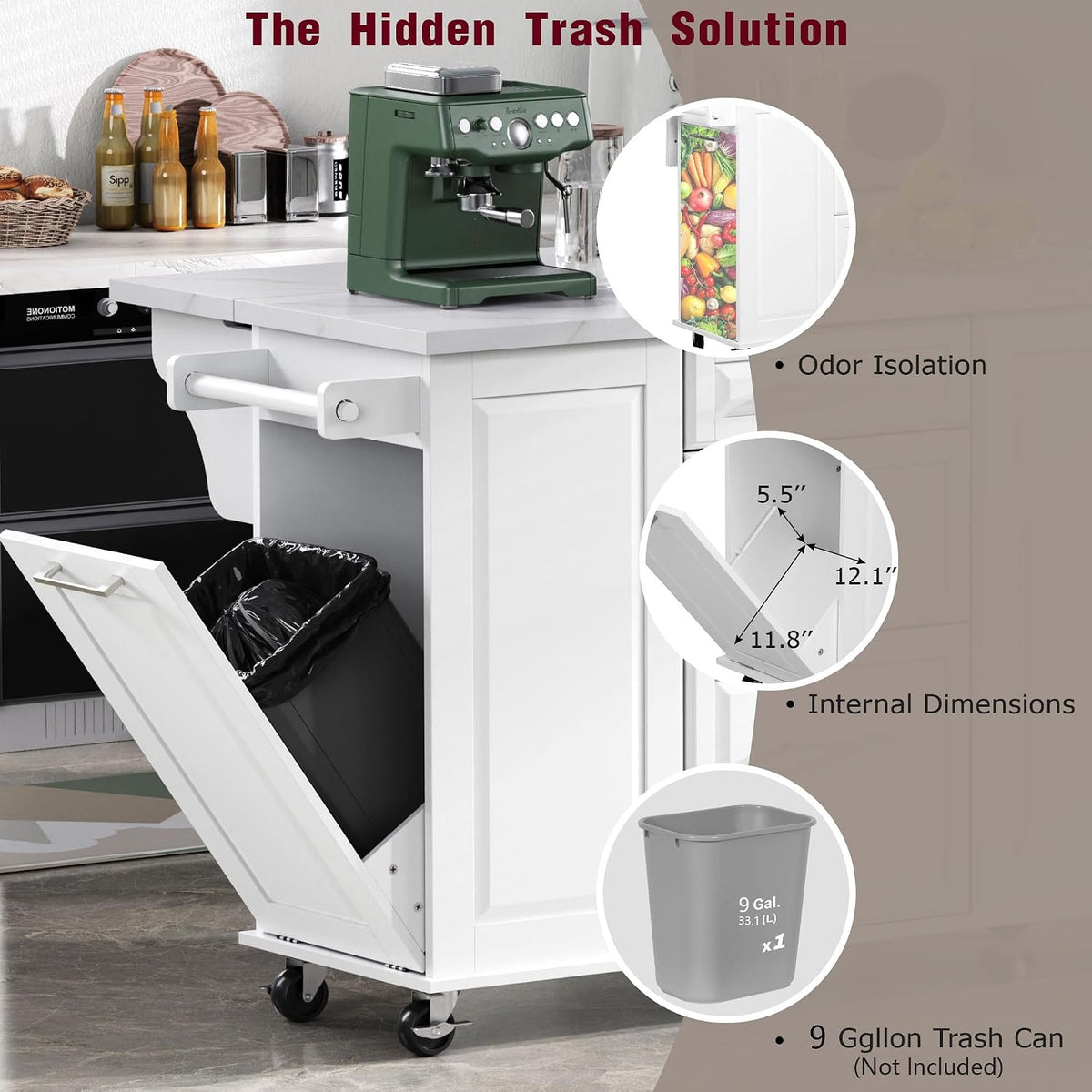 50.7" White Rolling Faux‑Marble Kitchen Island Cart