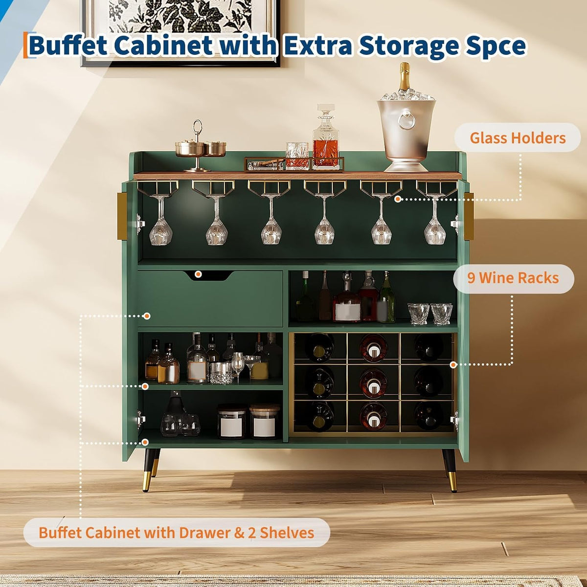 32‑Inch Green Fluted Wine Bar Cabinet