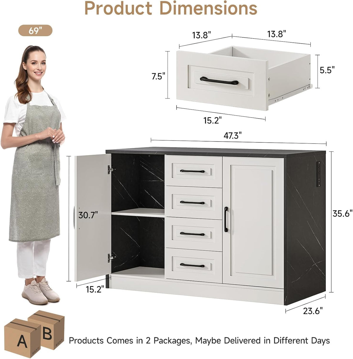 White‑Black Kitchen Island With Cabinets & Drawers