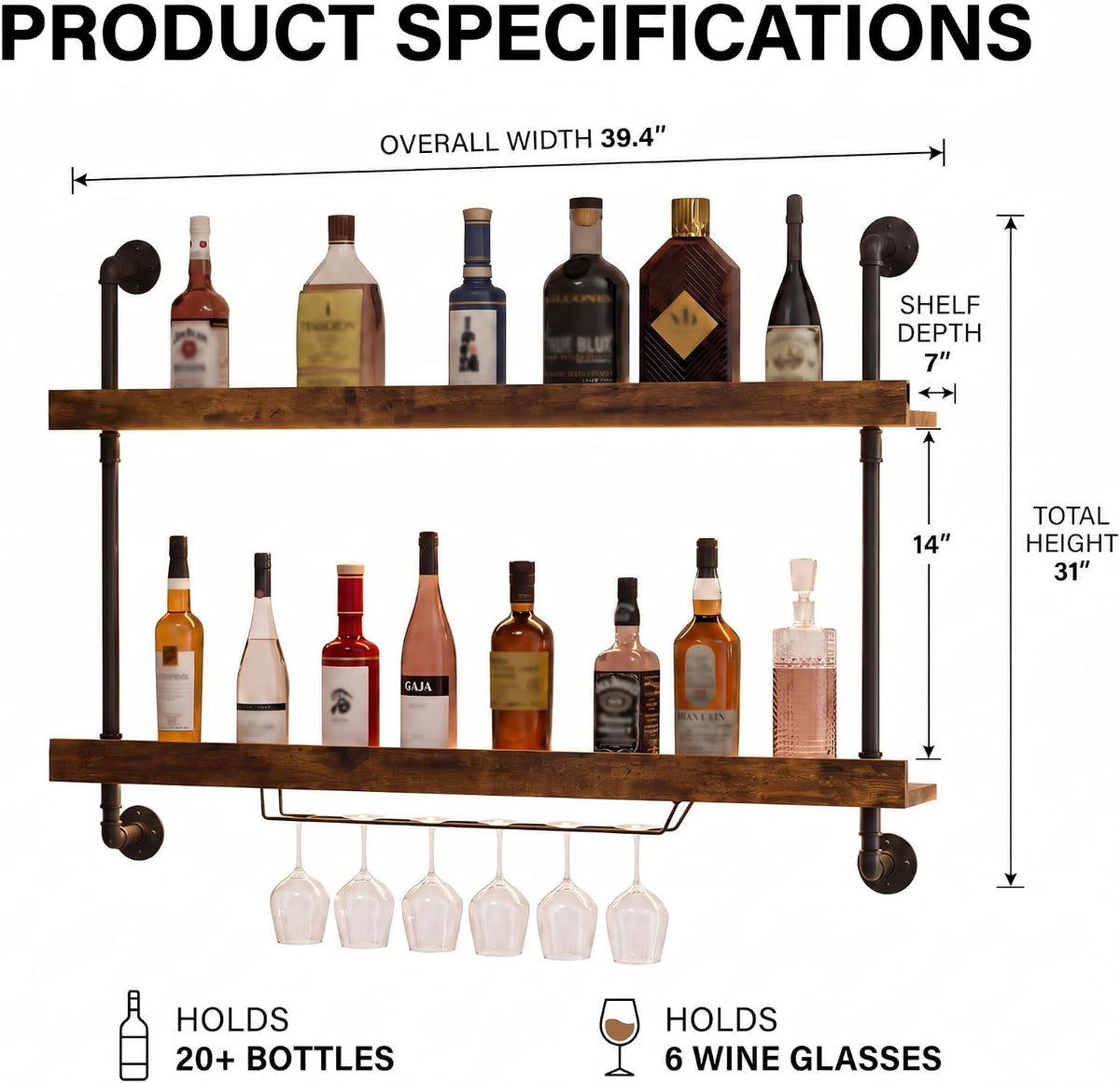 39.8" 2‑Tier LED Wall‑Mounted Wine Rack