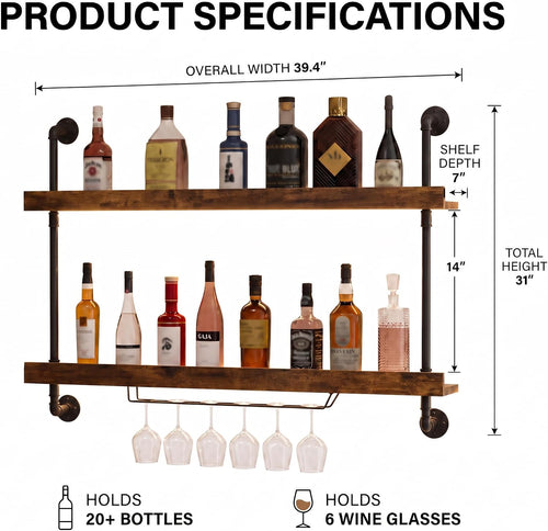 39.8" 2‑Tier LED Wall‑Mounted Wine Rack