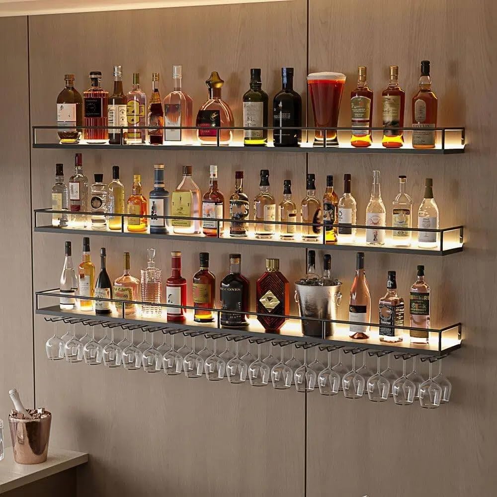 47.2" 3‑Tier LED Wall‑Mounted Wine Rack Shelf