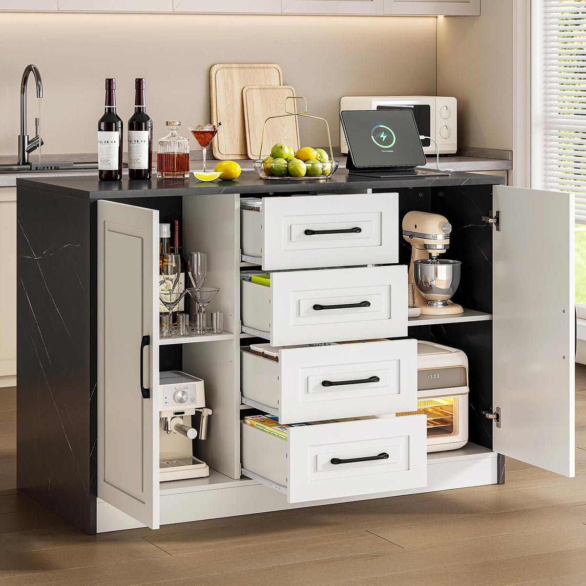 White‑Black Kitchen Island With Cabinets & Drawers