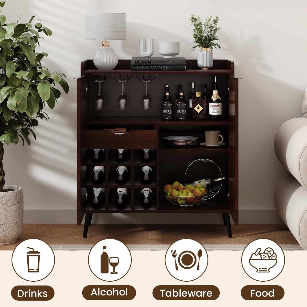 Walnut Fluted Wine Bar Cabinet with Storage
