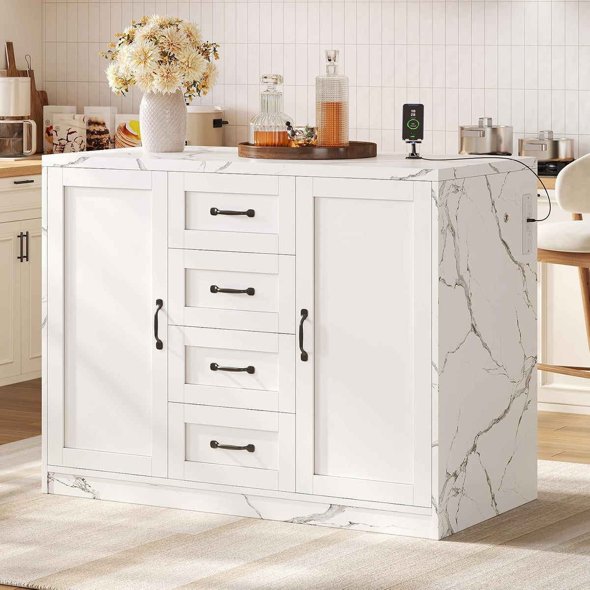 47.2" White LED Charging Faux‑Marble Kitchen Island