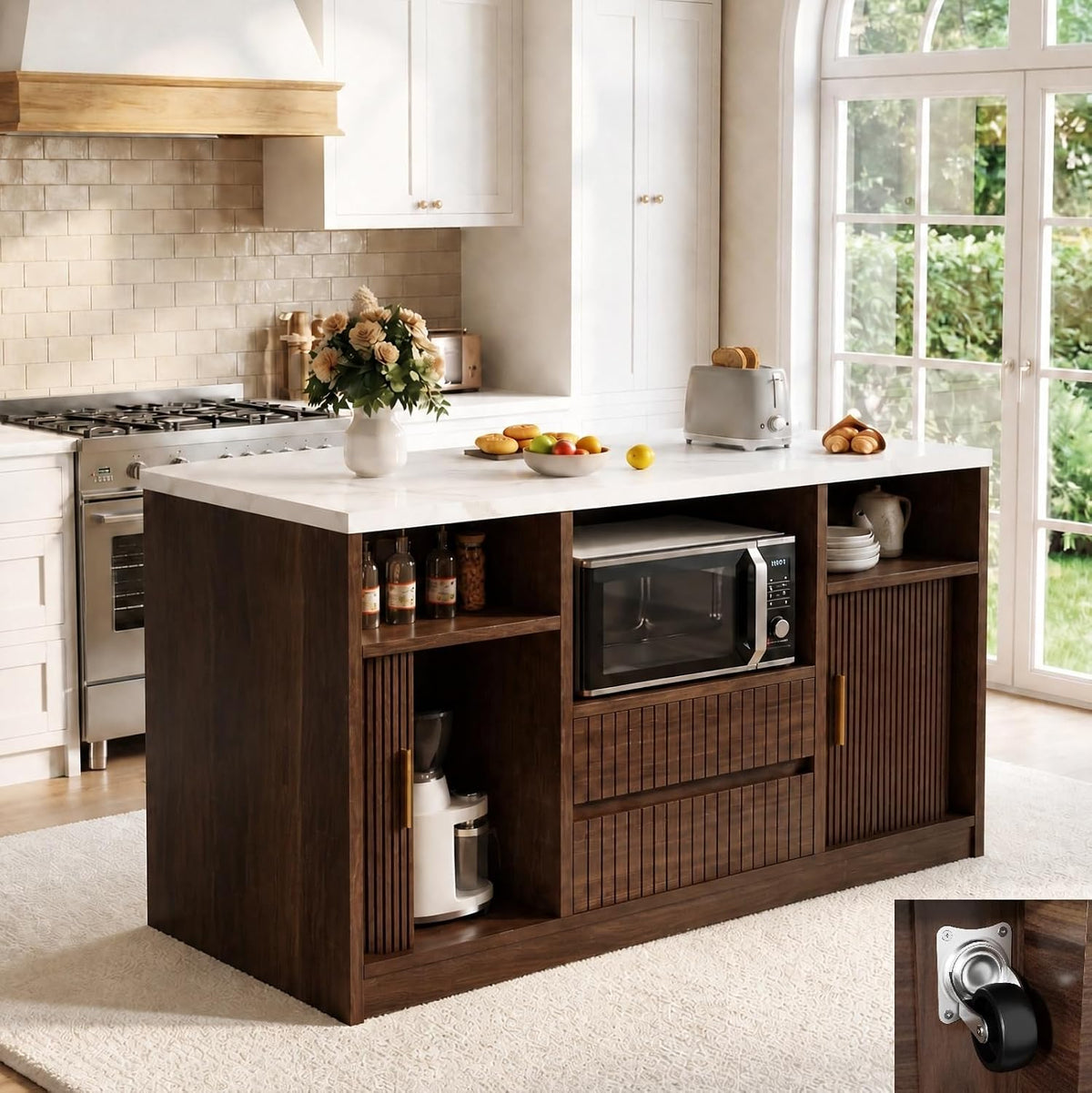47" Rolling Kitchen Island With Power Outlet & LED Lights