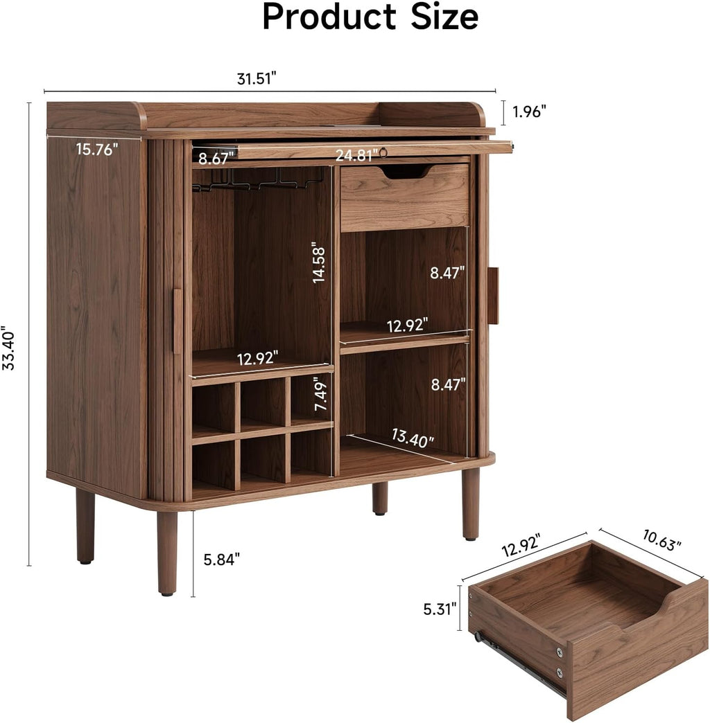 Walnut Fluted Wine Storage Bar Cabinet