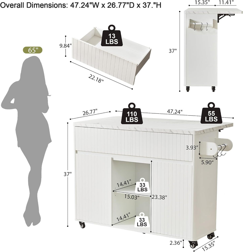 47" White Faux‑Marble Rolling Kitchen Island