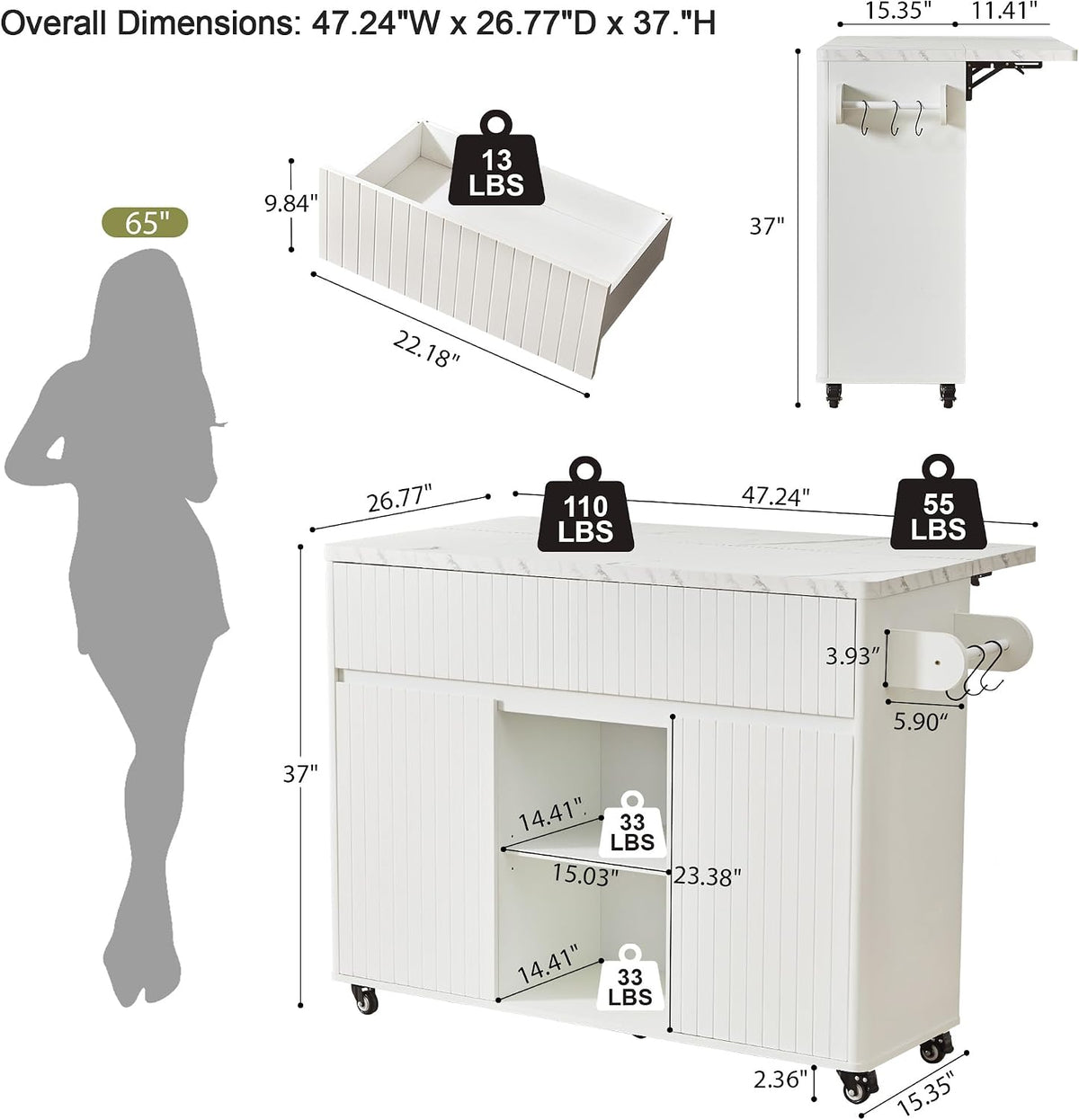 47" White Faux‑Marble Rolling Kitchen Island