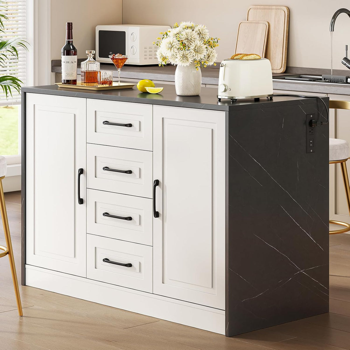 White‑Black Kitchen Island With Cabinets & Drawers
