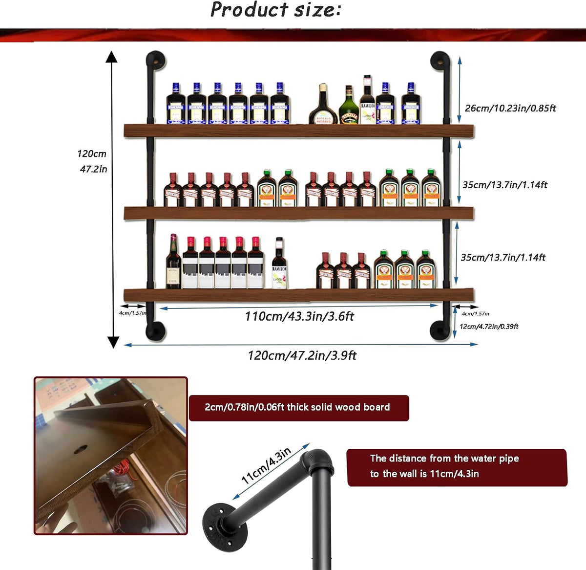 47.2" Solid‑Wood LED Wall‑Mounted Wine Rack