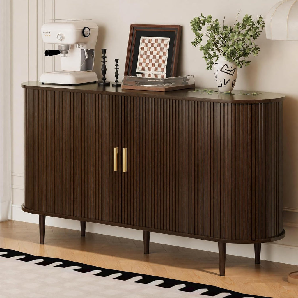 55" Walnut Fluted Tambour‑Door Sideboard Cabinet