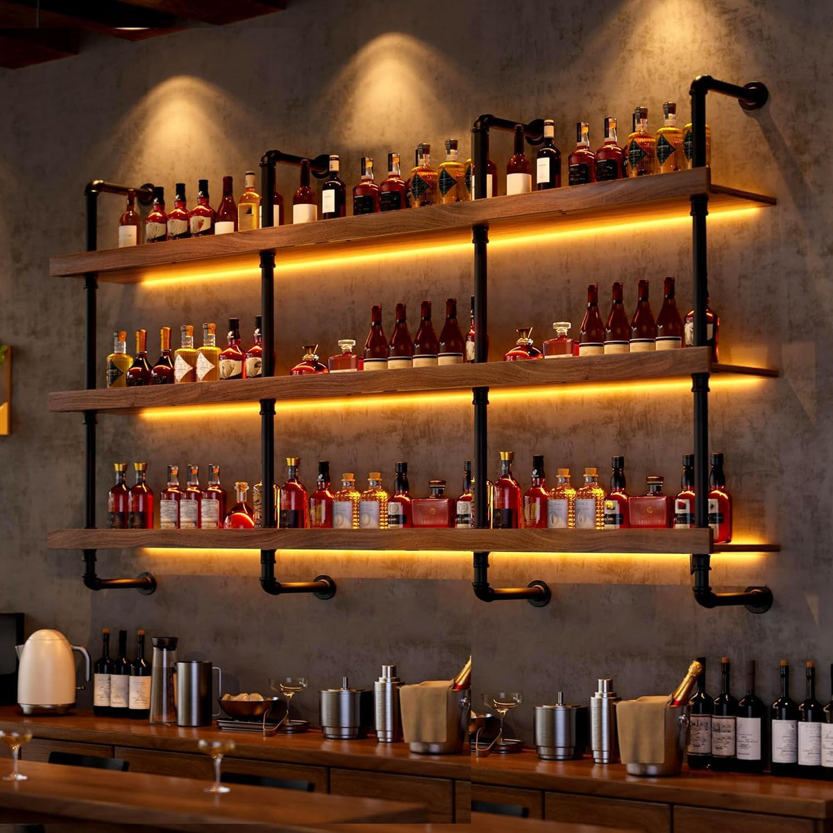 47.2" Solid‑Wood LED Wall‑Mounted Wine Rack