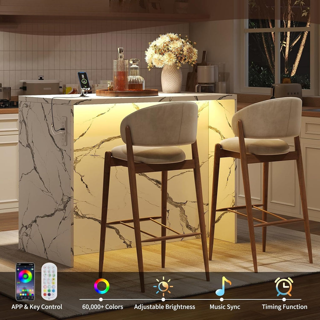 47.2" White LED Charging Faux‑Marble Kitchen Island