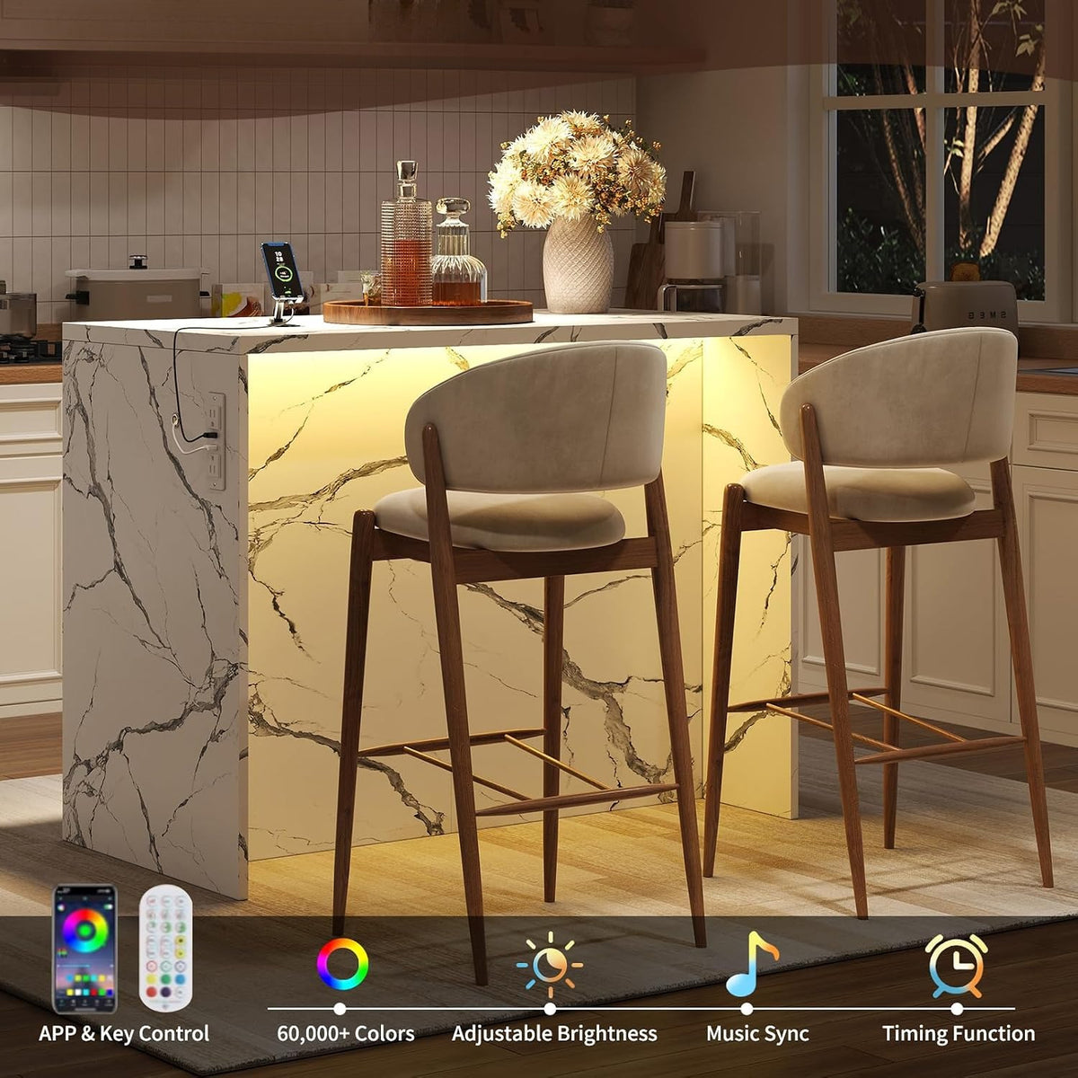 47.2" White LED Charging Faux‑Marble Kitchen Island