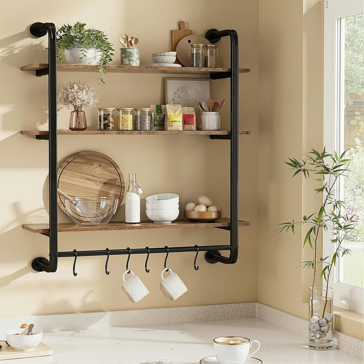 24" 3‑Tier Industrial Pipe Floating Wall Shelf