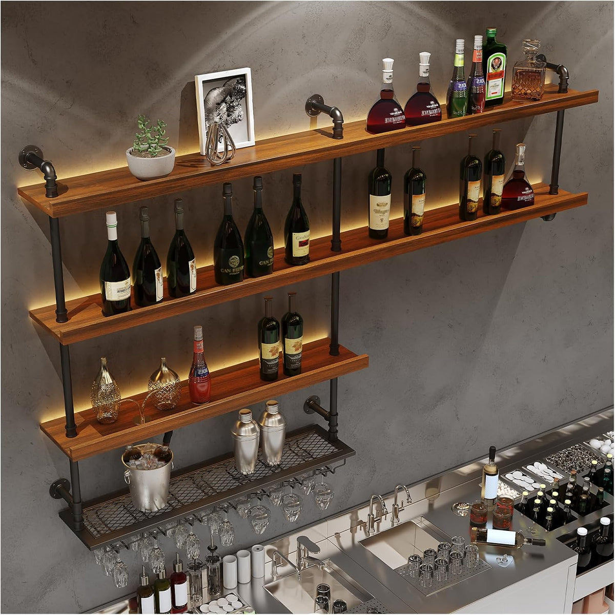 Solid‑Wood LED Wall‑Mounted Wine Rack 51.2"