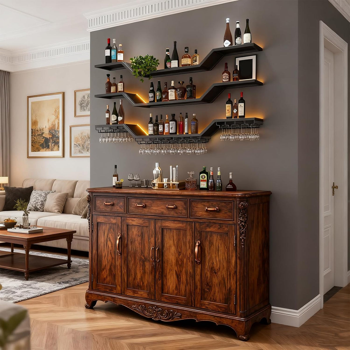 47.2" 3‑Tier Modern LED Wall‑Mounted Wine Rack