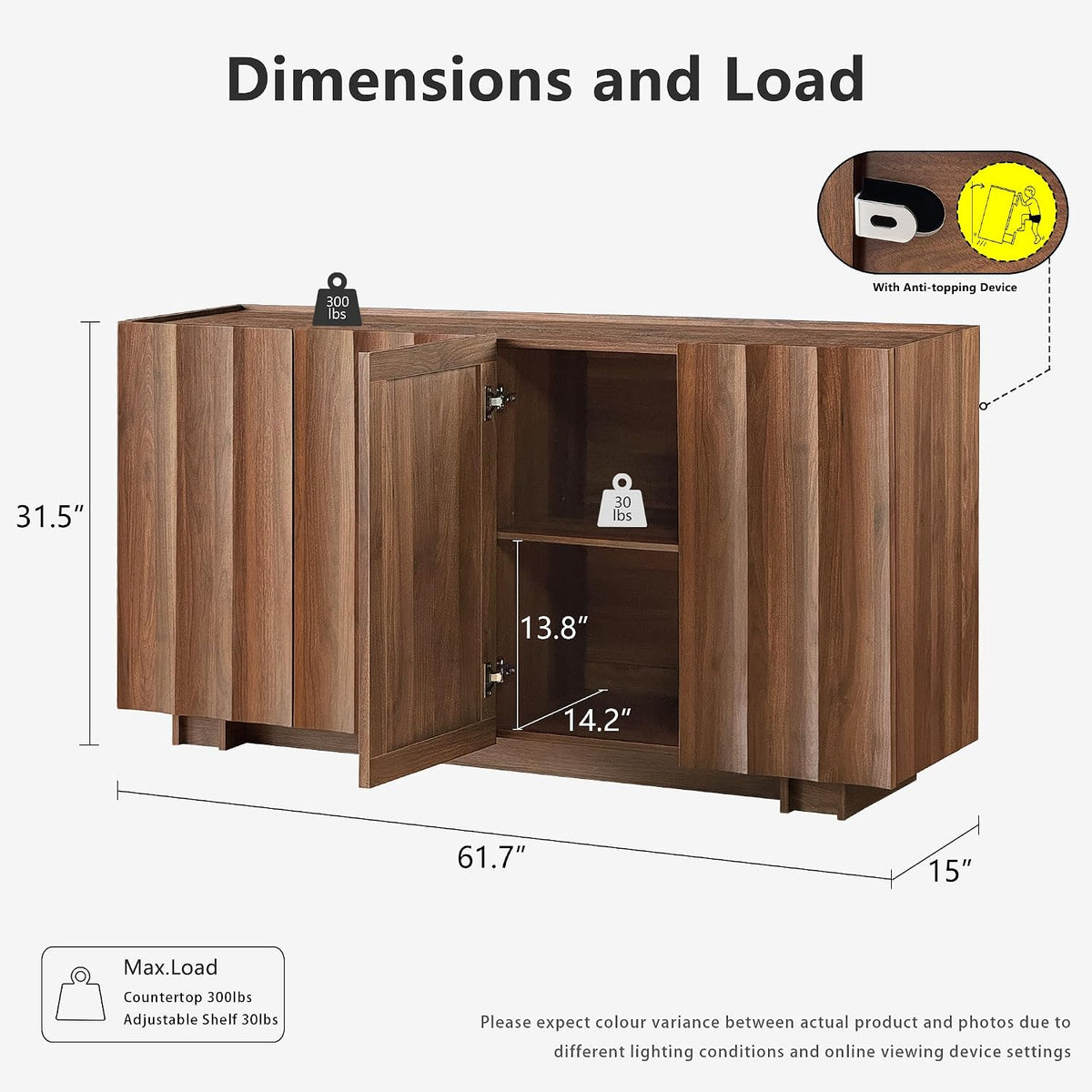 61.7" Walnut Fluted Sideboard Cabinet