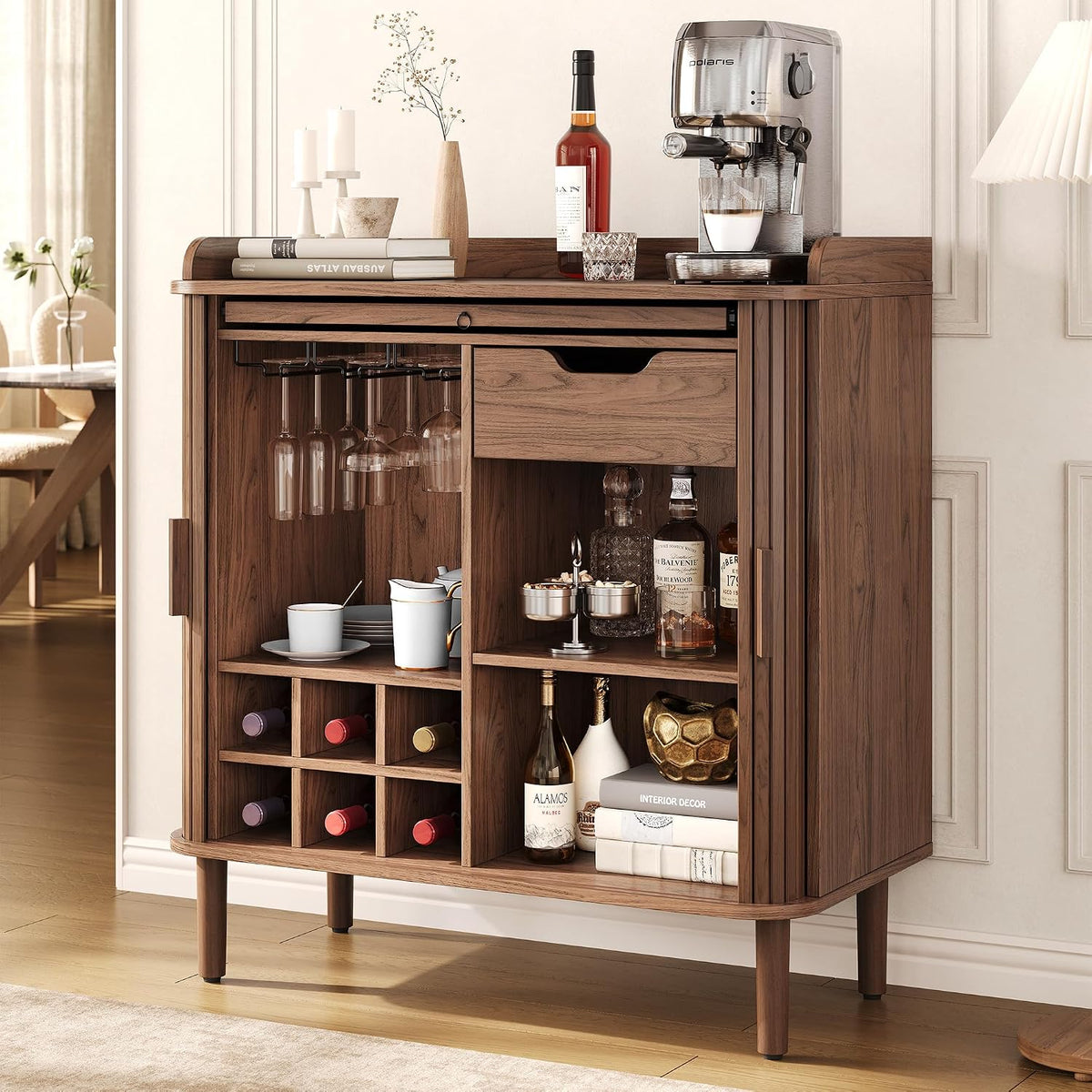 Walnut Fluted Wine Storage Bar Cabinet