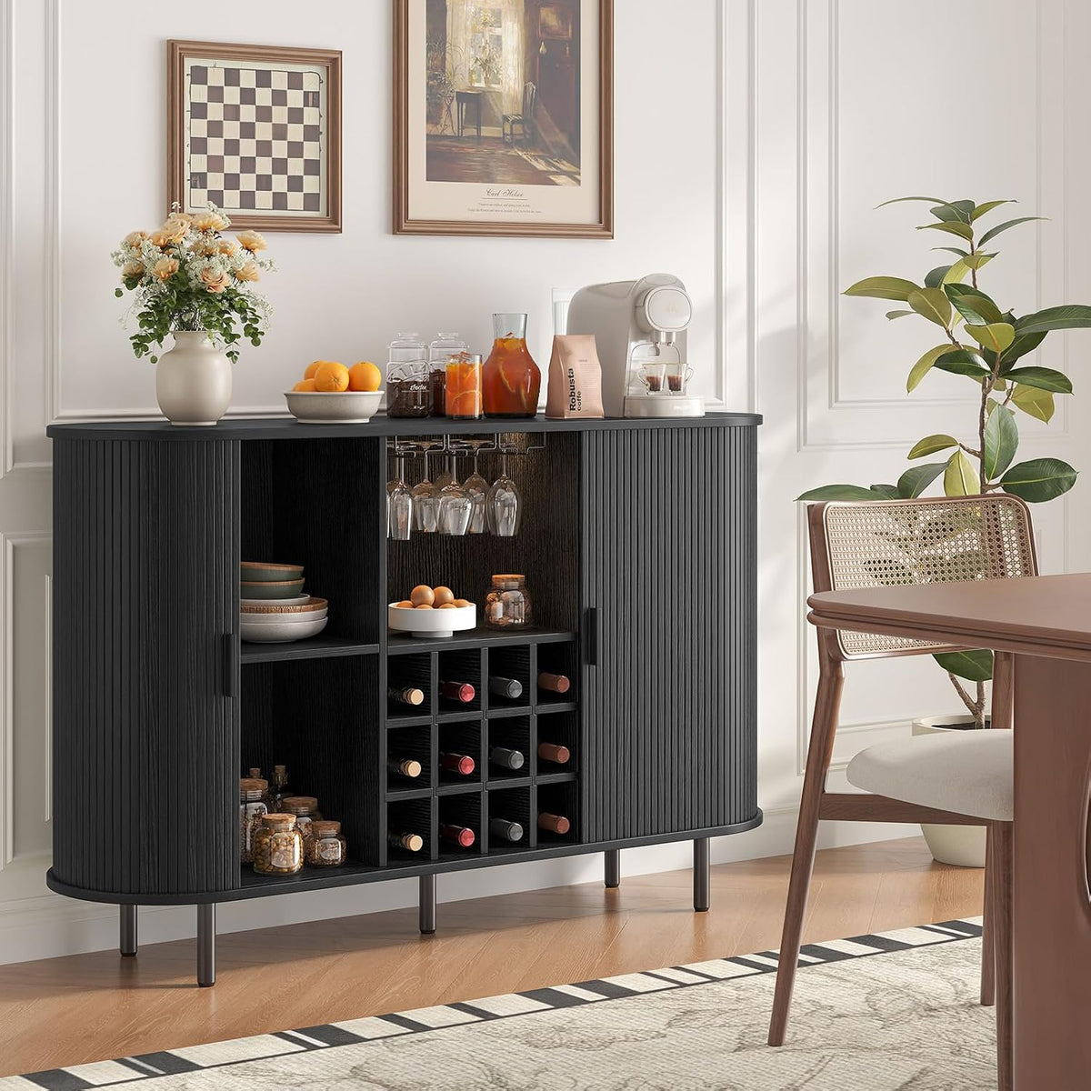 55‑Inch Black LED Fluted Wine Bar Cabinet